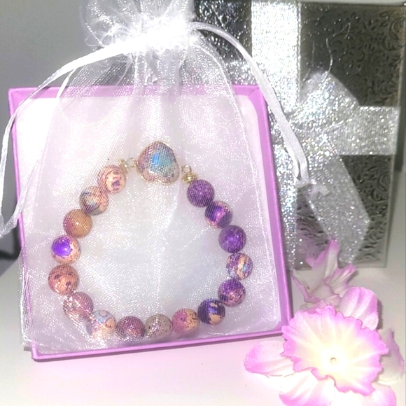 Bracelet Purple Heart Bracelet Jasper Beaded Bracelet Christmas Gift Ready - Picture 6 of 8